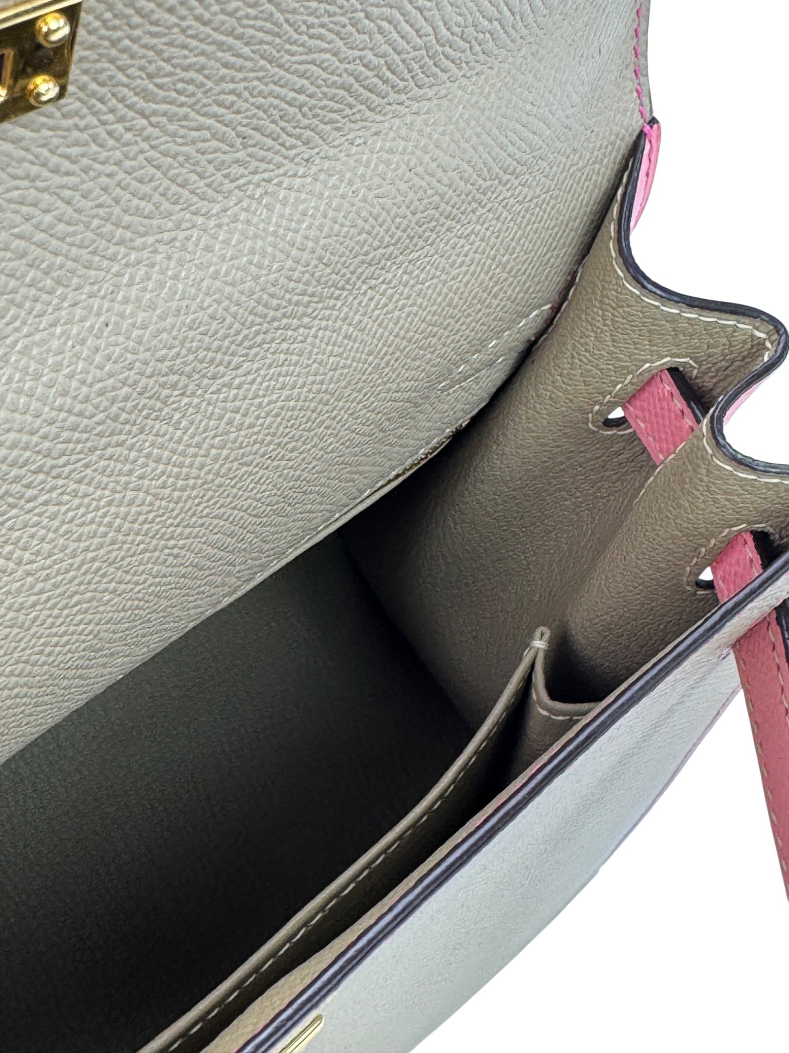 Inside pocket view of structured leather handbag sample