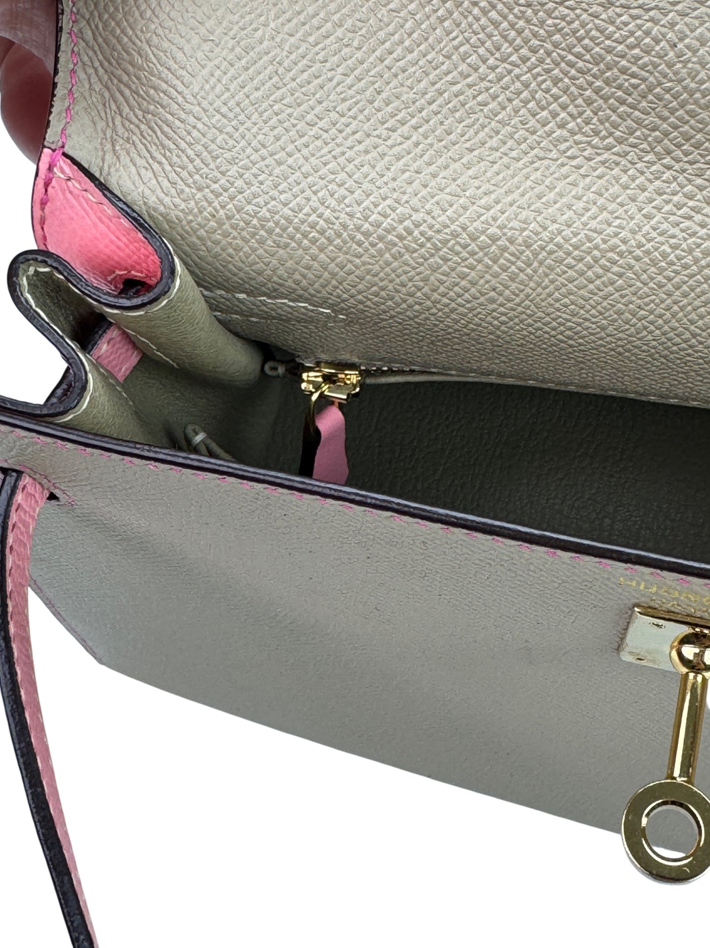 Inside pocket view of structured leather handbag sample4