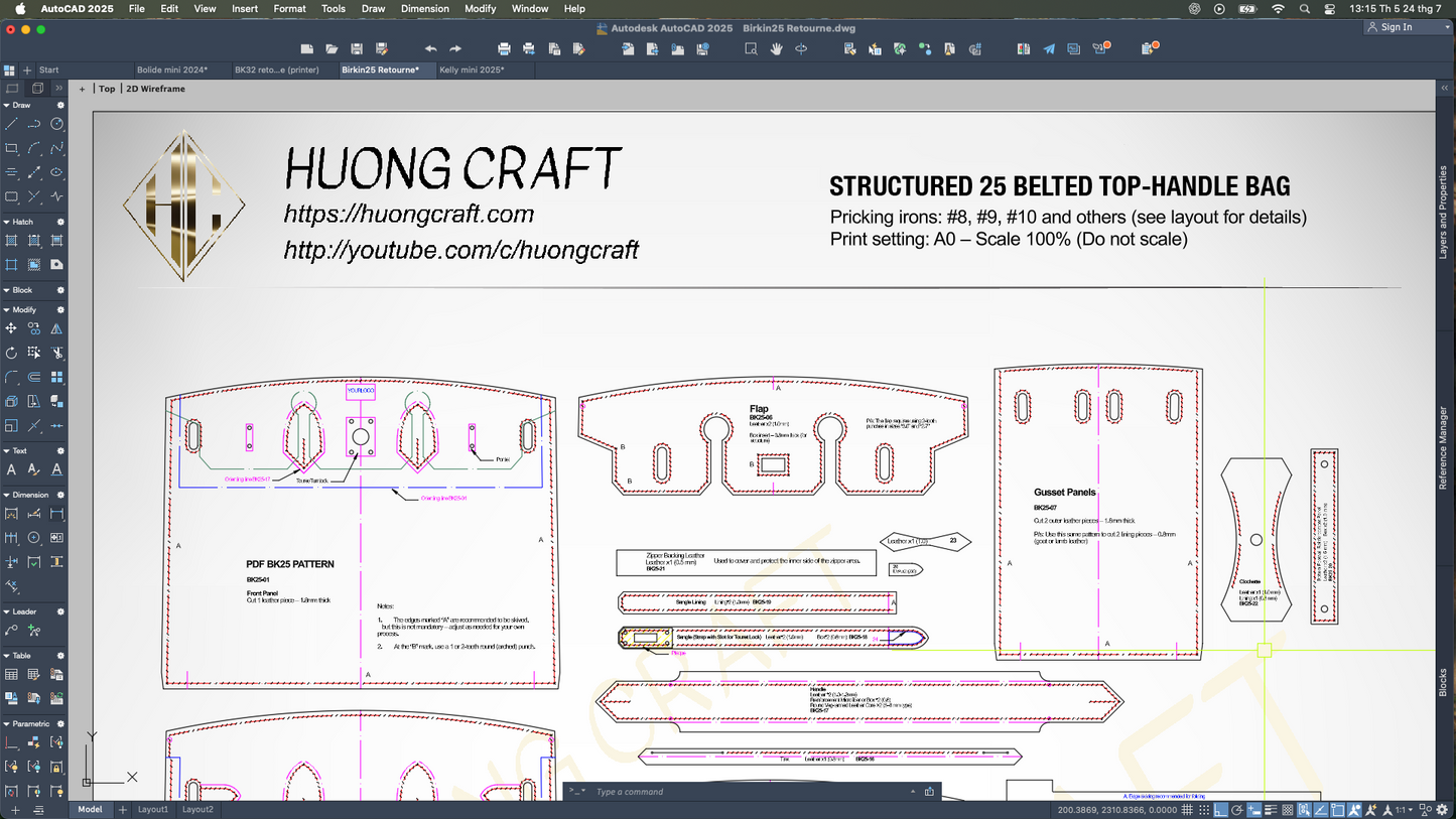 Printable A0 PDF pattern for structured 25 cm belted top-handle bag