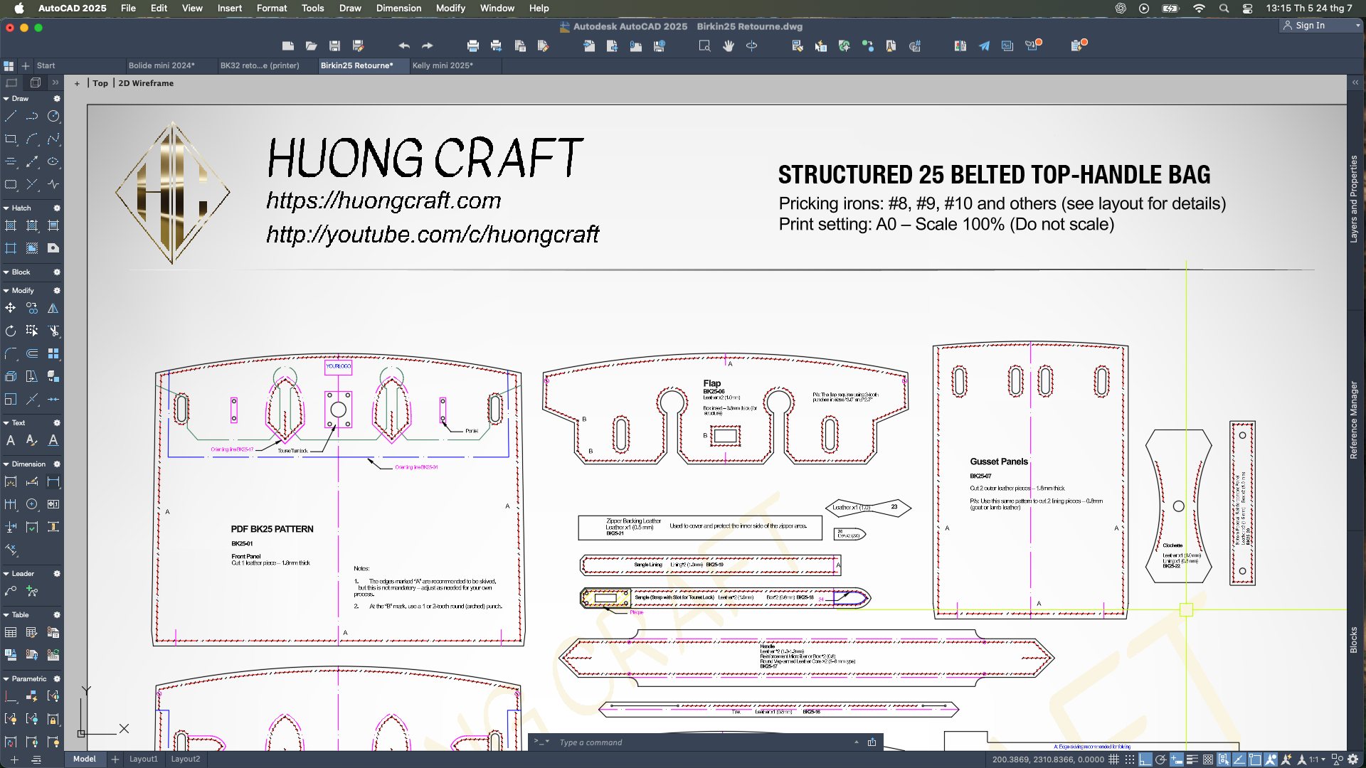 Printable A0 PDF pattern for structured 25 cm belted top-handle bag