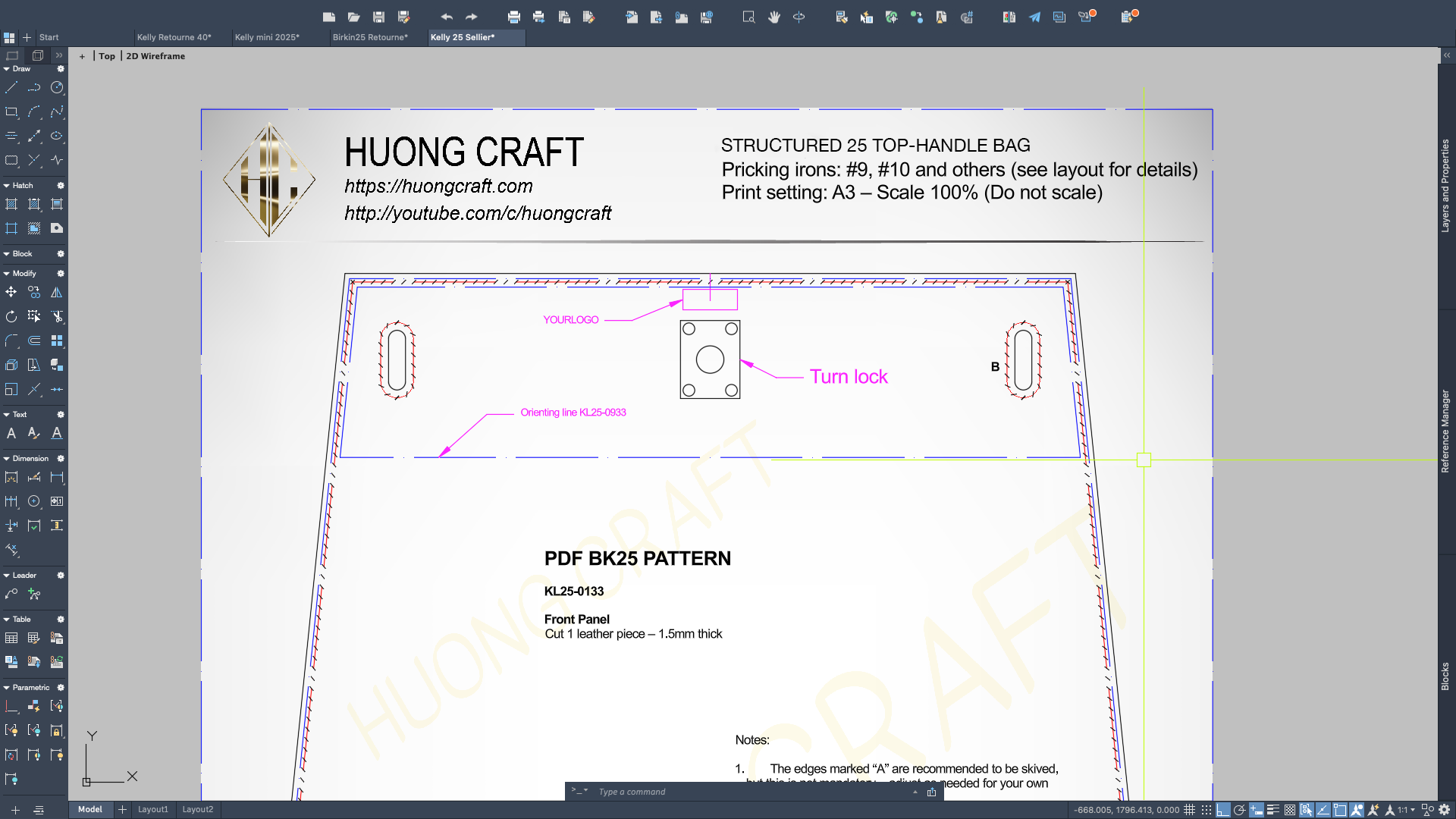 Printable A3 PDF pattern for classic 25 cm trapezoid top-handle bag