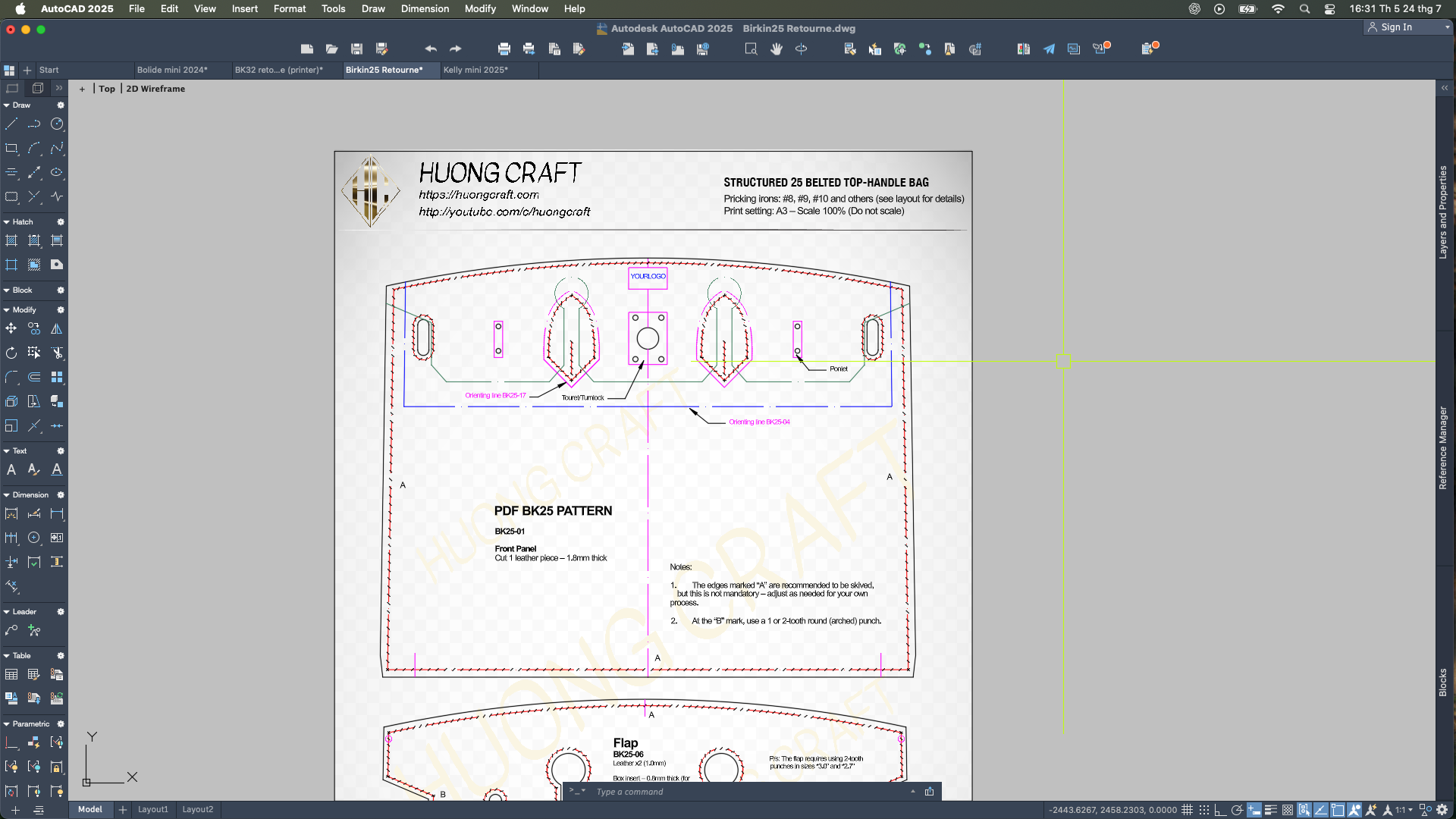 Printable A3 PDF pattern for structured 25 cm belted top-handle bag