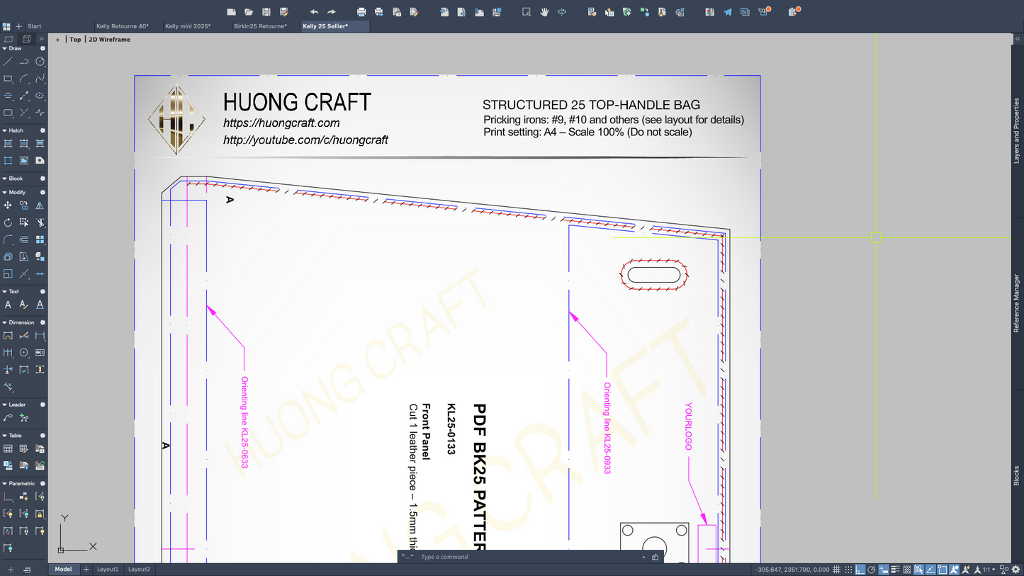 Printable A4 PDF pattern for classic 25 cm trapezoid top-handle bag