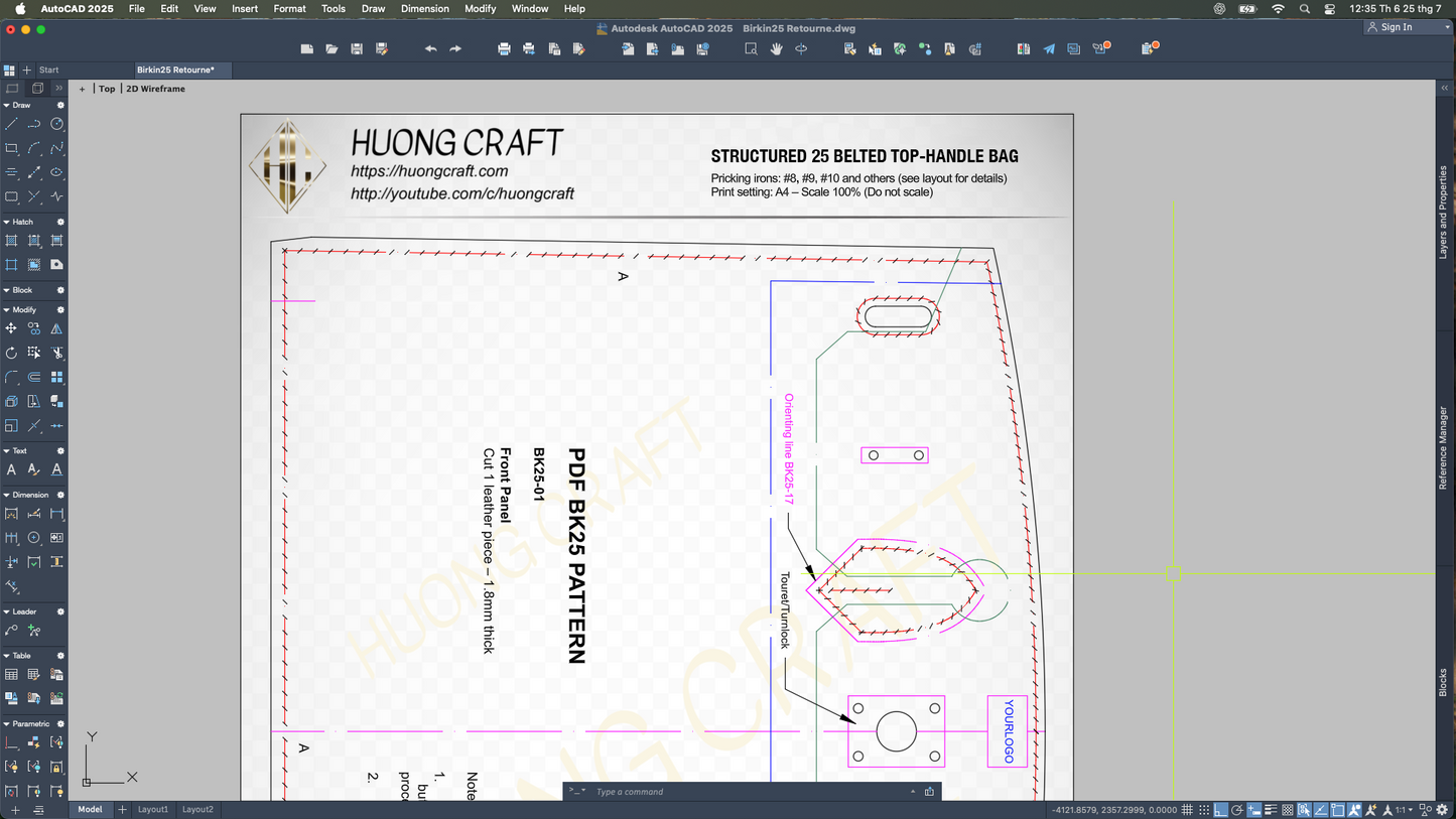 Printable A4 PDF pattern for structured 25 cm belted top-handle bag
