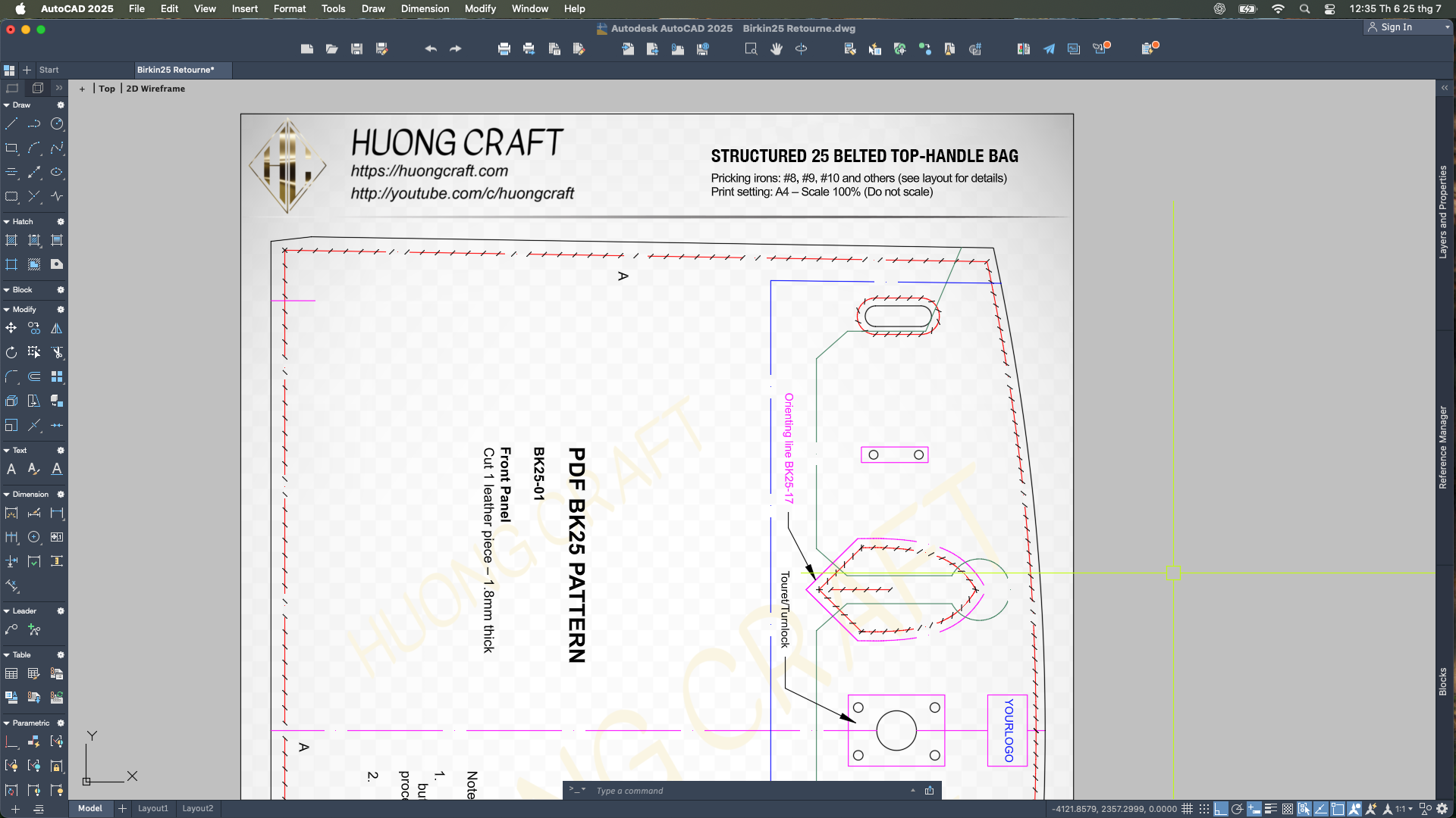 Printable A4 PDF pattern for structured 25 cm belted top-handle bag