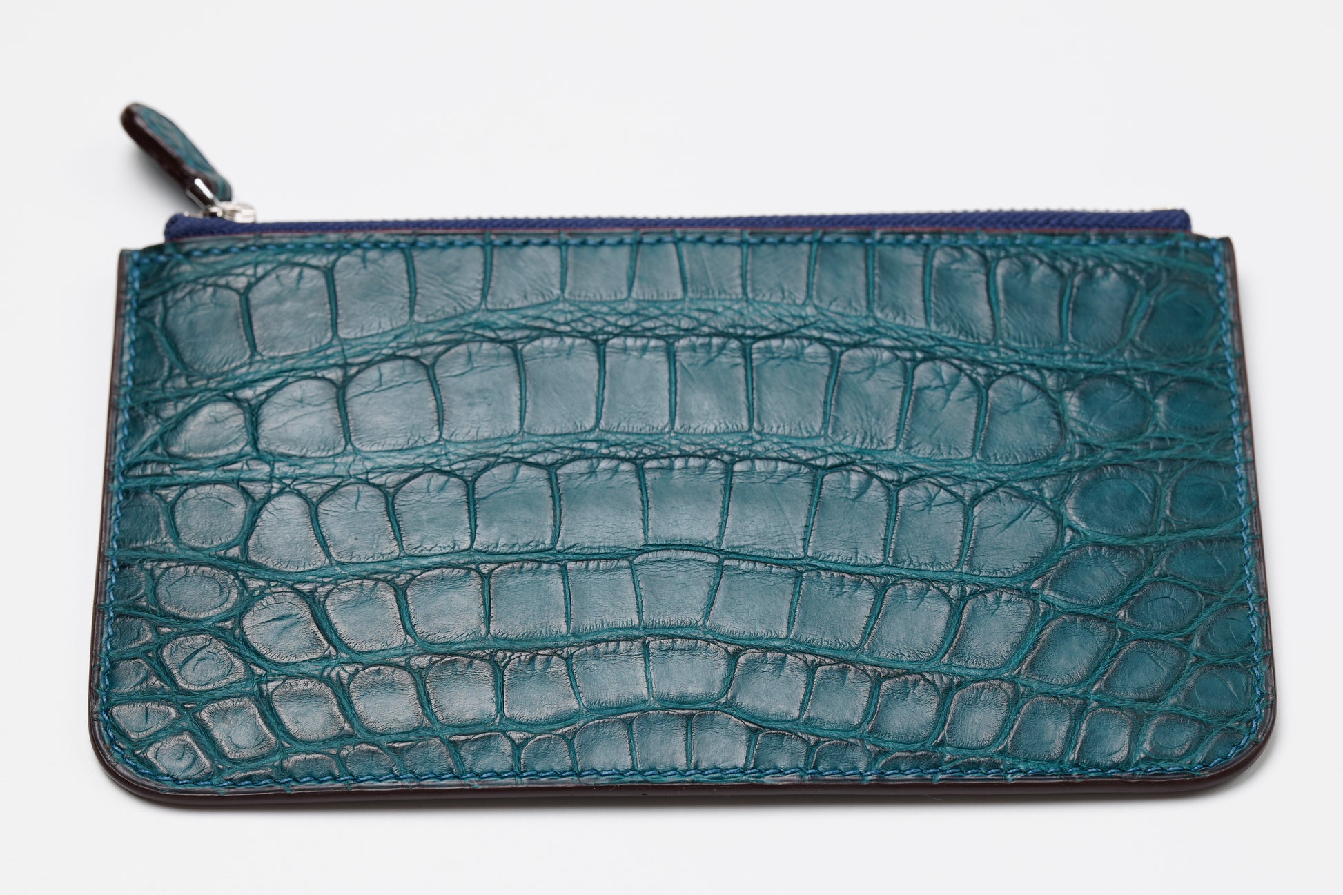 Full view of handmade crocodile colvert zip wallet