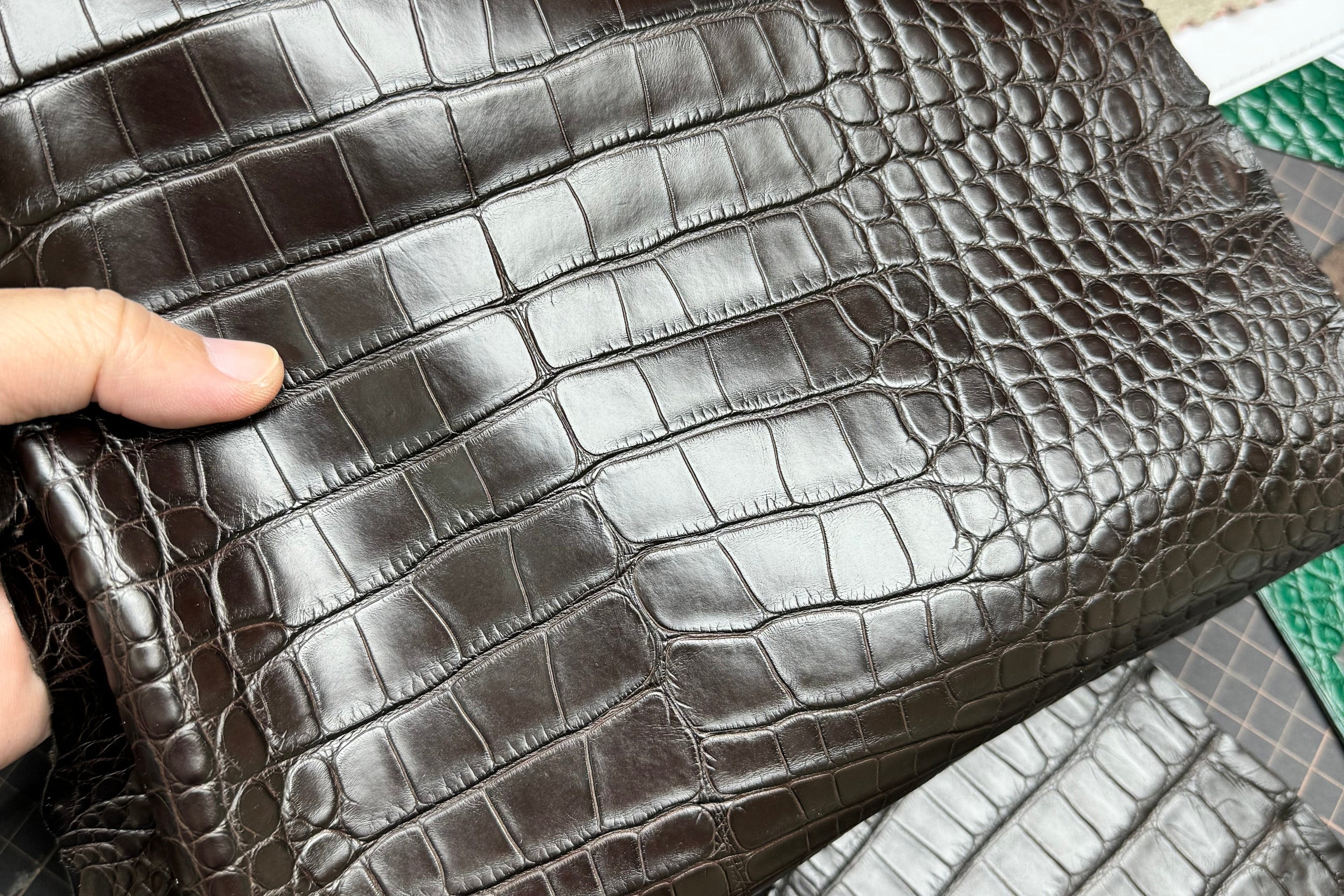 Dark alligator leather selected for bespoke handmade bag making by HuongCraft