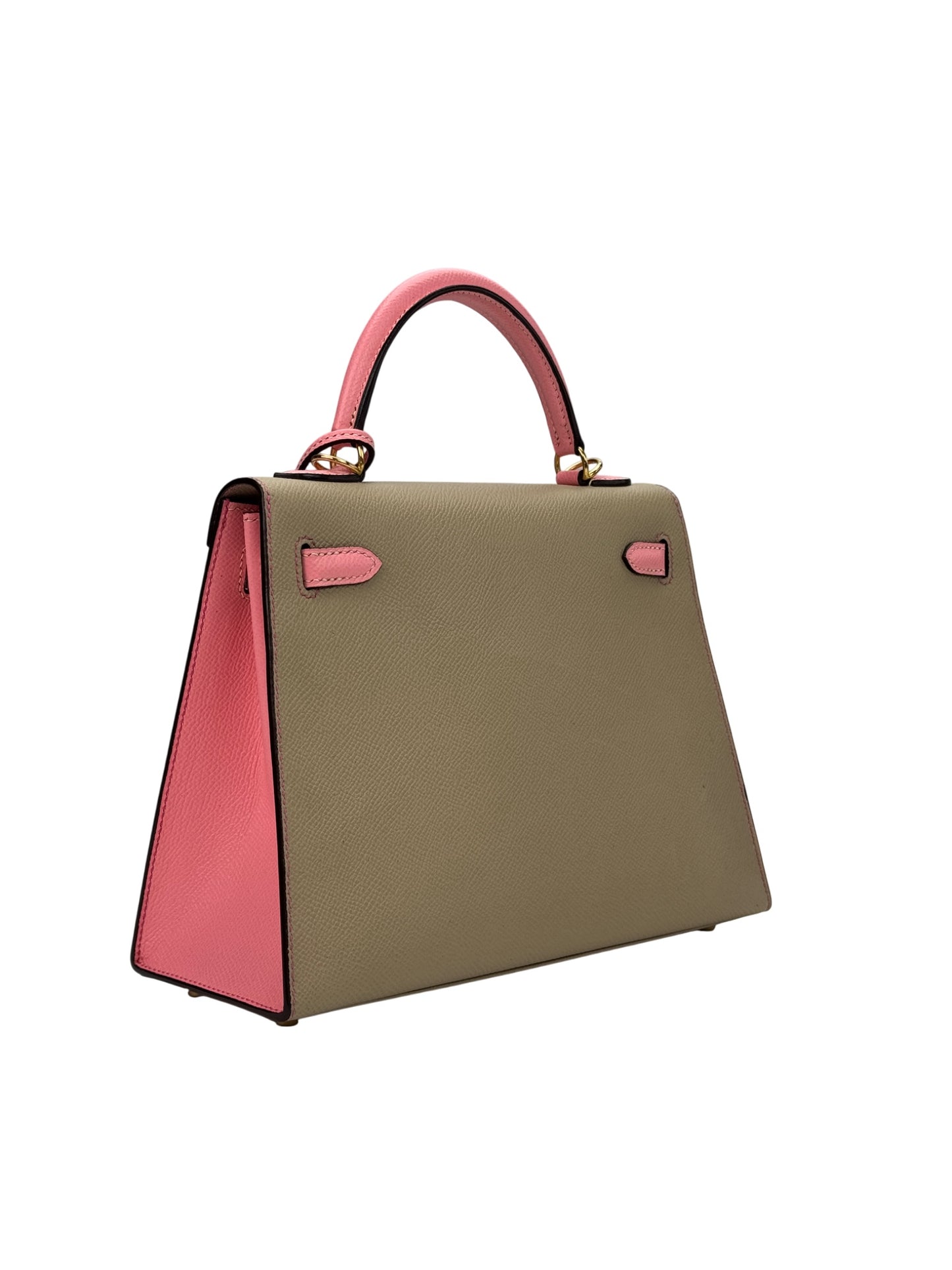 Back side view of Kelly 25 leather handbag made from HuongCraft PDF pattern