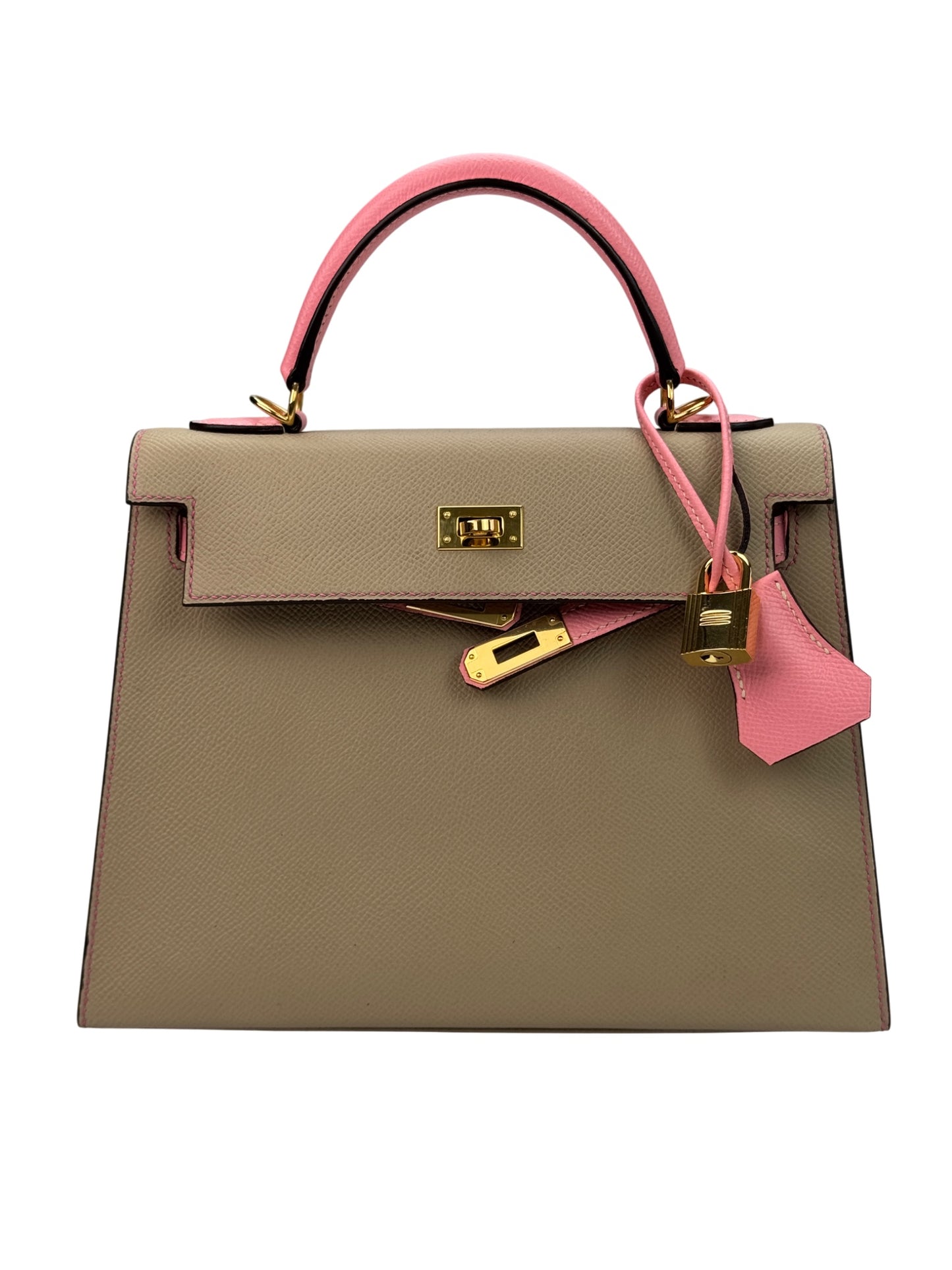 Front open sangle view of Kelly 25 leather handbag made from HuongCraft PDF pattern