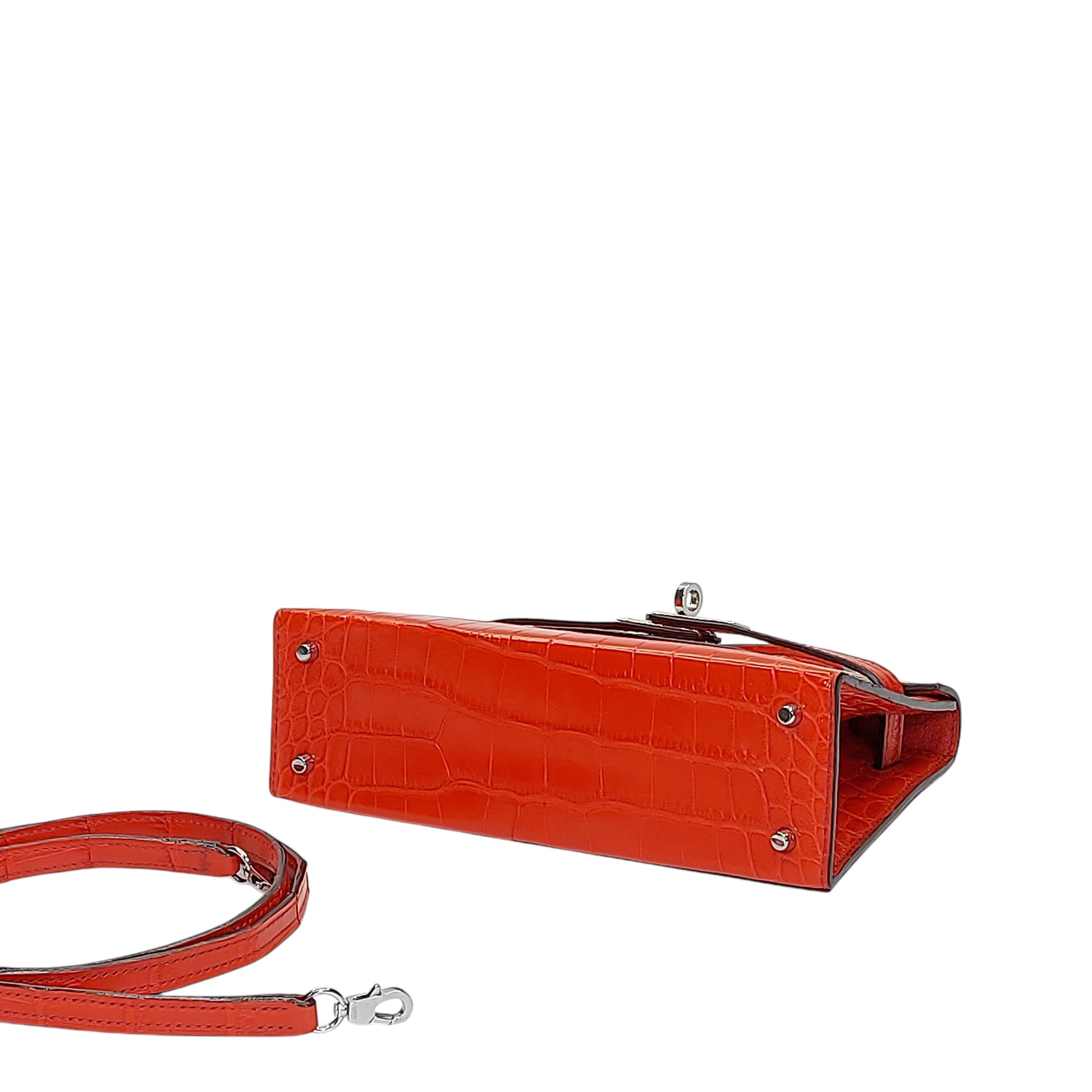 mini trapezoid top handle bag inside view