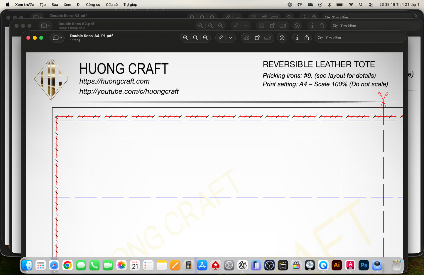 Printable A4 PDF pattern for reversible leather tote bag