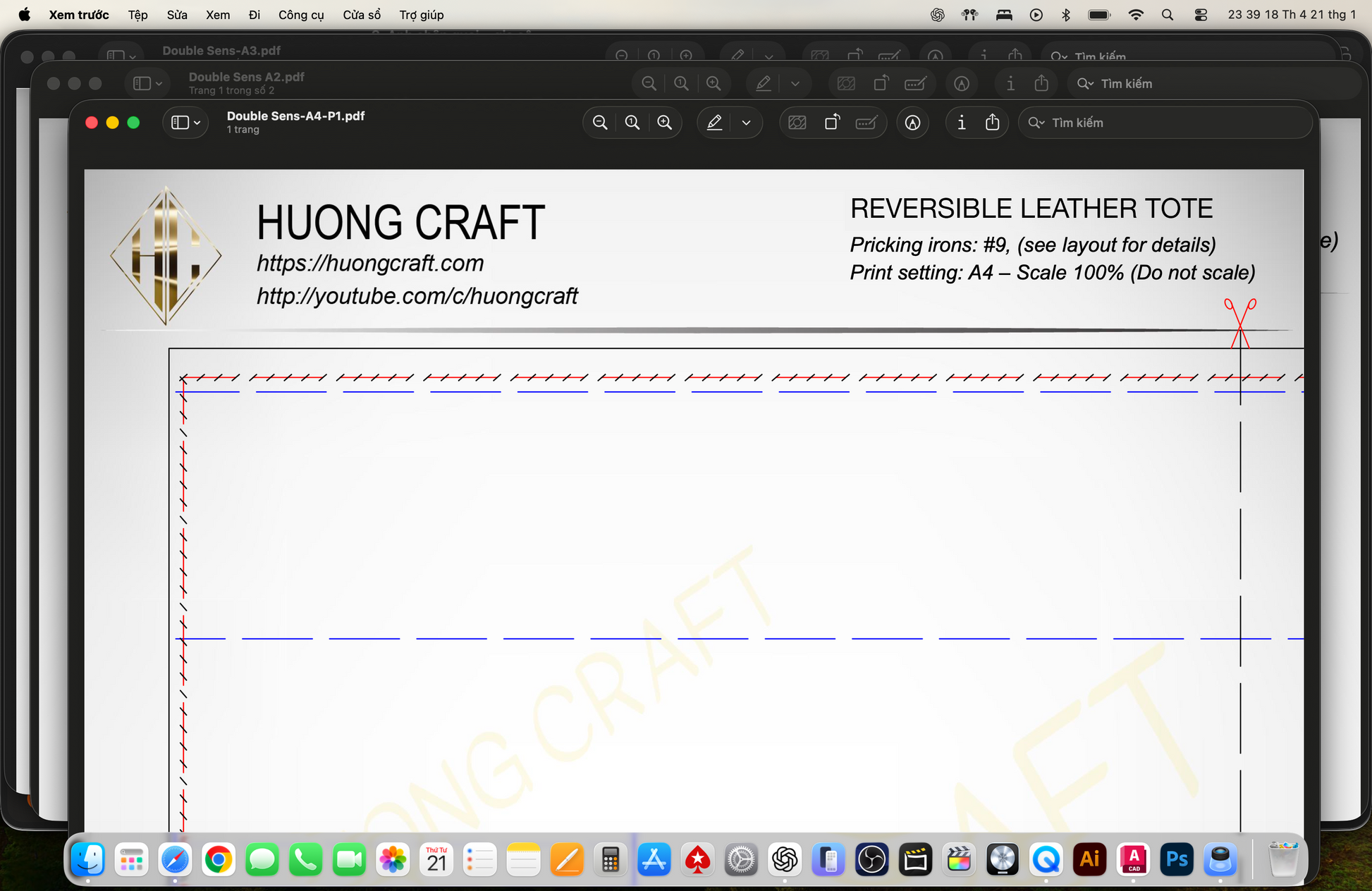 Printable A4 PDF pattern for reversible leather tote bag